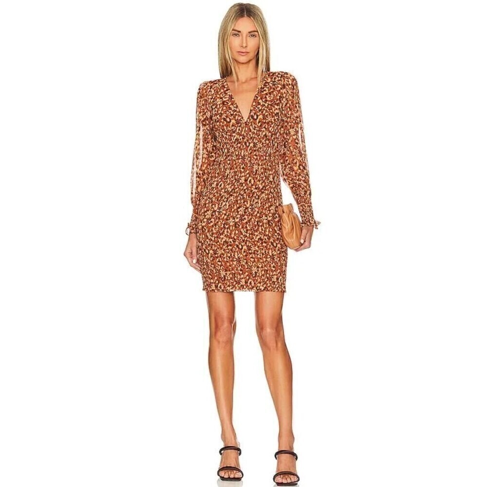 NWT Steve Madden Women's Printed Carly Smocked Dress Mocha Bisque Large